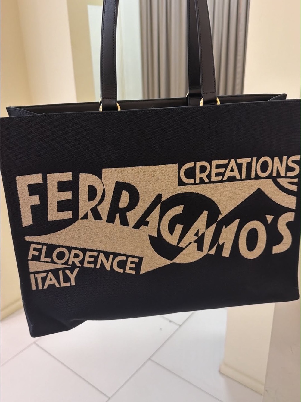 Salvatore Ferragamo Black & Beige Logo Canvas Tote